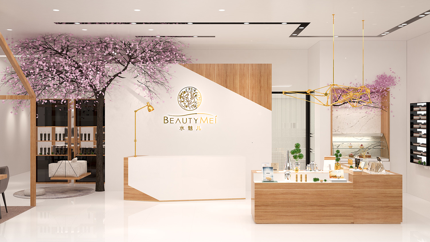 Beautymei水魅兒美甲護(hù)膚化妝品專賣體驗(yàn)店鋪空間設(shè)計(jì)，黑色+深原木色風(fēng)格